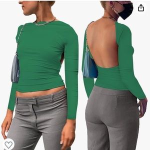 Long Sleeve Crop Top Womens - Slim Fitted Backless Sweetheart Neck Tees